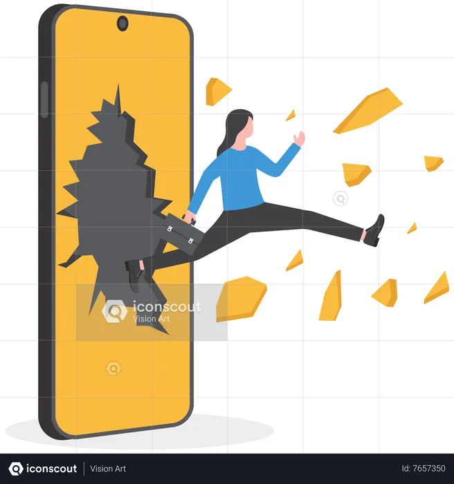 Business woman breakthrough mobile screen to successful  Illustration