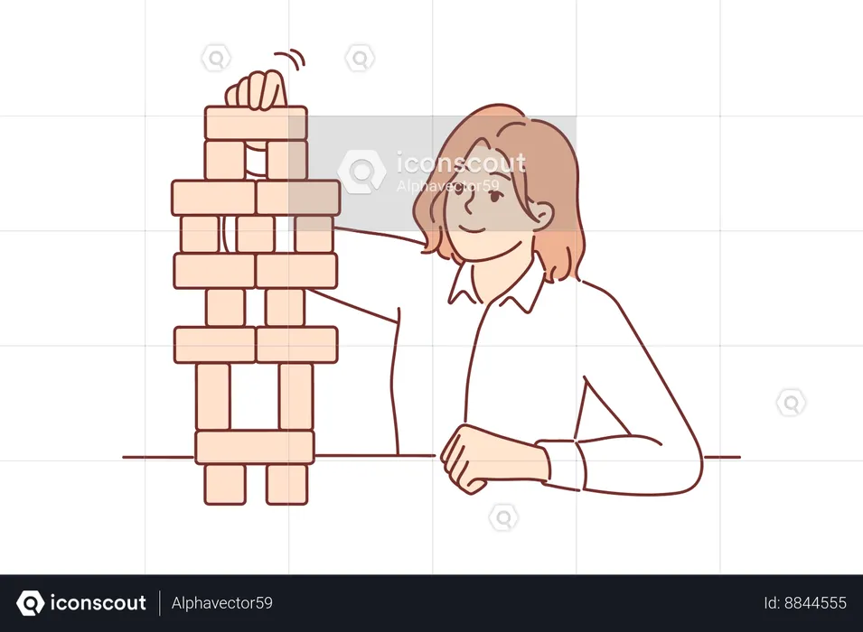 Business woman builds tower of wooden cubes symbolizing sustainable business strategy  Illustration