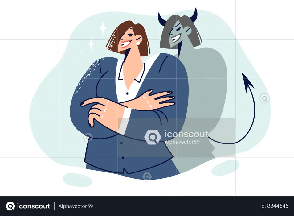 Business woman casting devil shadow standing with crossed arms  Illustration