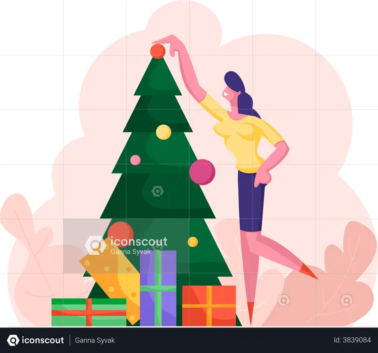 Business Woman Decorating Christmas Tree  Illustration