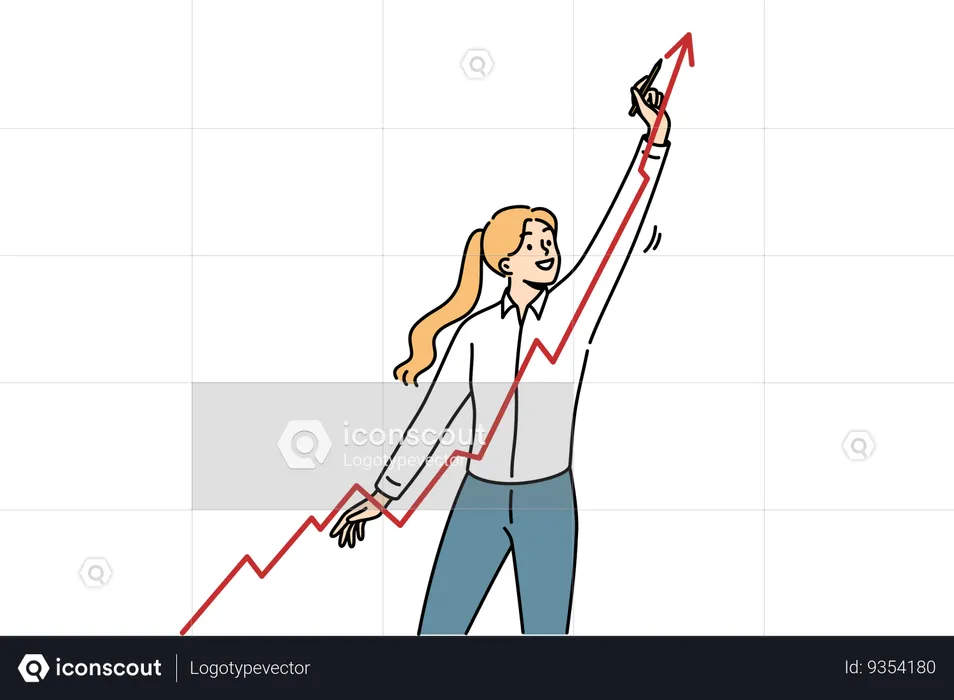 Business woman draws growing graph showing company profit growth from attracting new customers  Illustration