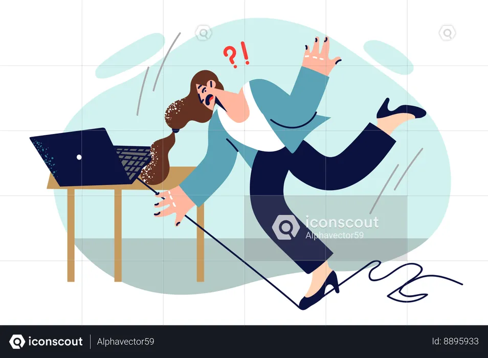Business woman falls in office after tripping over computer cable  Illustration