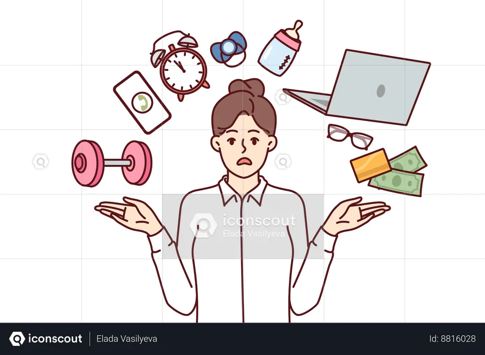 Business woman feels stressed while managing housework  Illustration