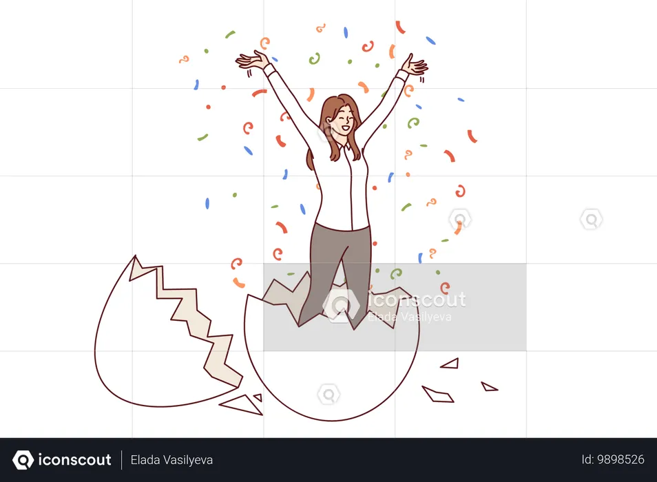 Business woman hatched from egg raises hands up for concept of birth of new professional  Illustration