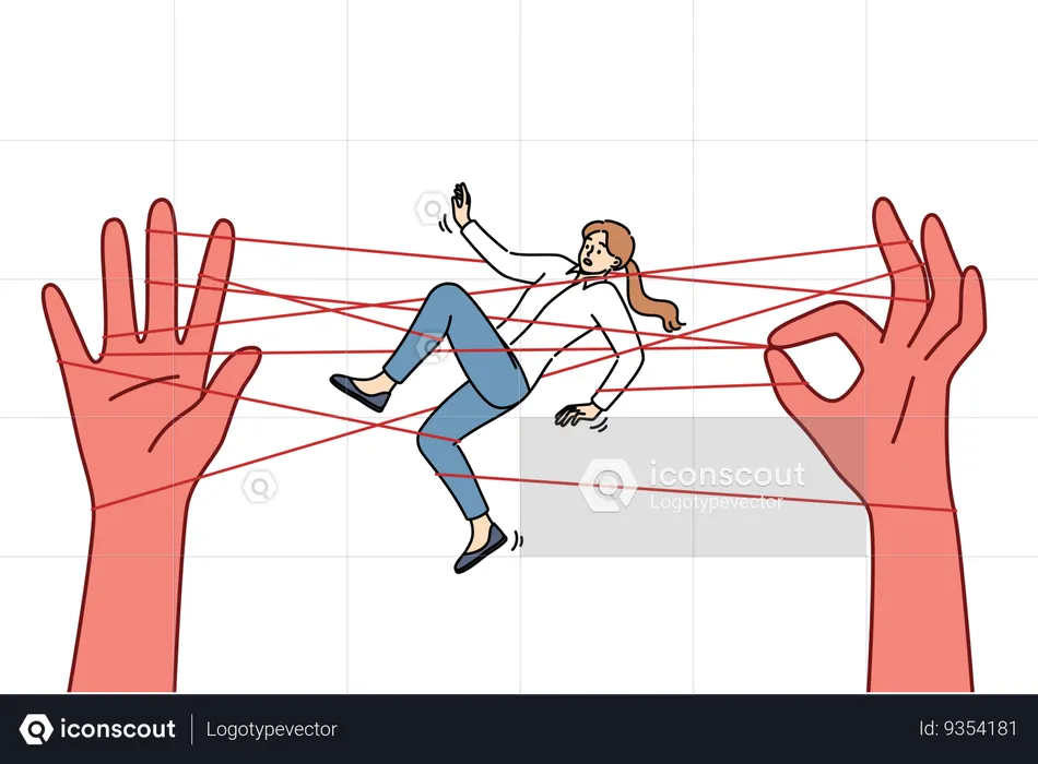 Business woman in manipulator networks with big hands  Illustration