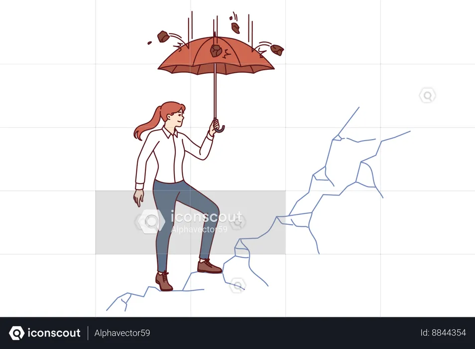 Business woman is climbing cliff using umbrella to protect herself from falling stones  Illustration