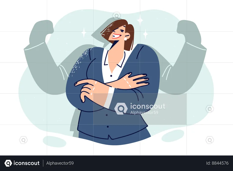 Business woman leader stands with arms crossed with silhouette imaginary biceps  Illustration