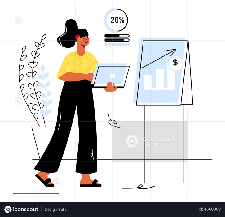 Business woman makes report with financial statistics  Illustration