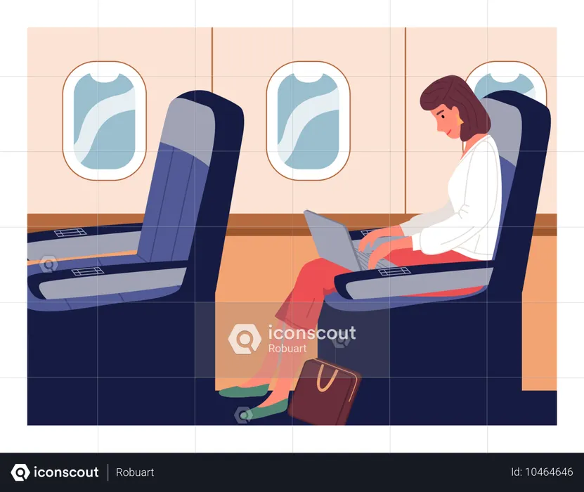 Business woman on an airplane doing business trip  Illustration