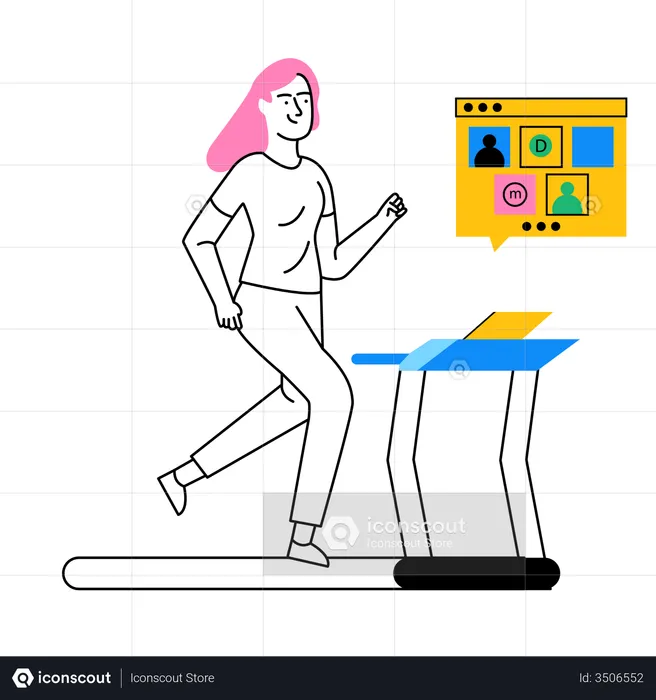 Business woman running on treadmill while attending online meeting  Illustration