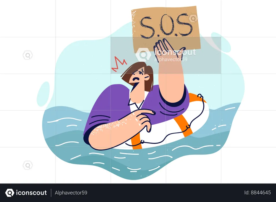 Business woman showing SOS sign swimming in river with lifebuoy  Illustration