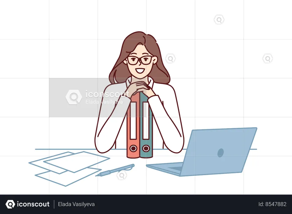Business woman sits at table leaning on folders and smiling enjoining at success in career as clerk  Illustration
