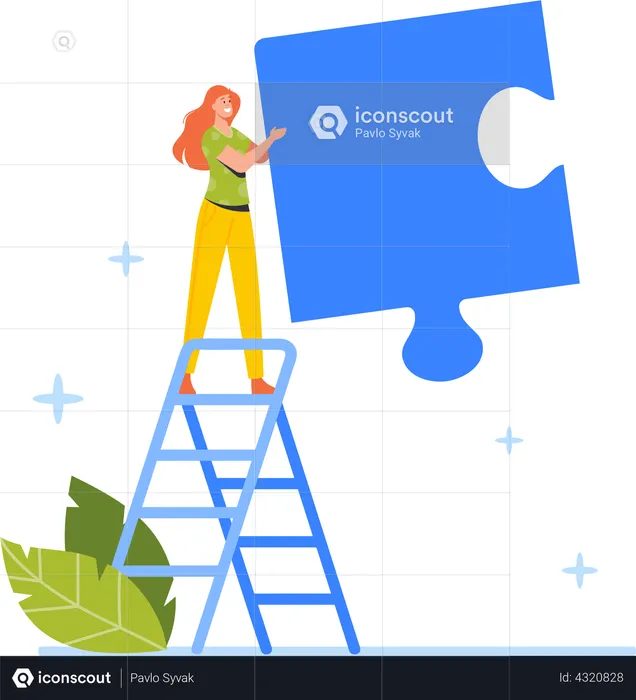 Business woman standing on Ladder with Huge Puzzle Piece in Hand  Illustration