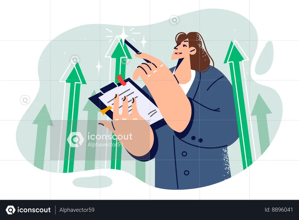 Business woman stands among up arrows symbolizing growth of company income and holds clipboard  Illustration