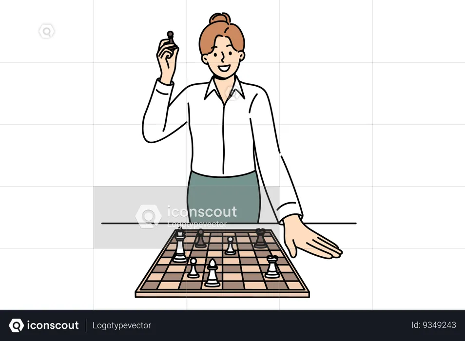 Business woman stands near chessboard and talking about importance of strategic planning and skills  Illustration