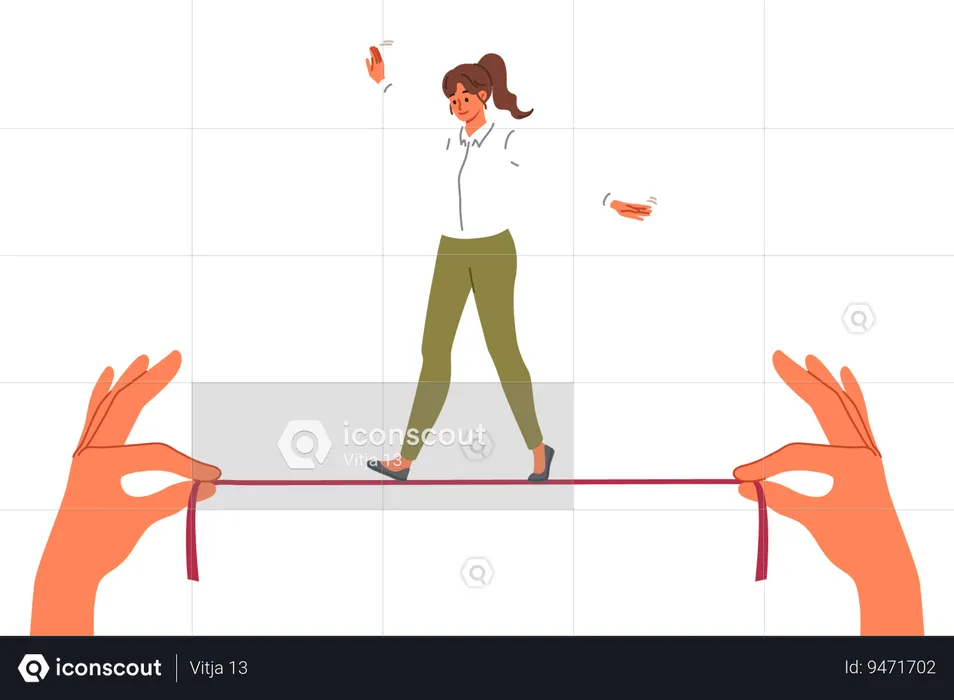 Business woman takes risks walking tightrope in hands of employer demonstrating ability to balance  Illustration