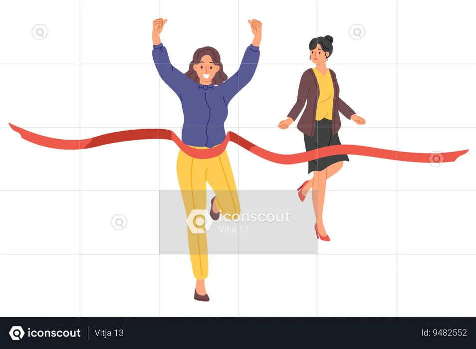 Business woman won running race overtaking competitor and crossing finish line first  Illustration