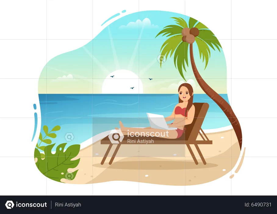 Business woman Work From Swimming Pool  Illustration