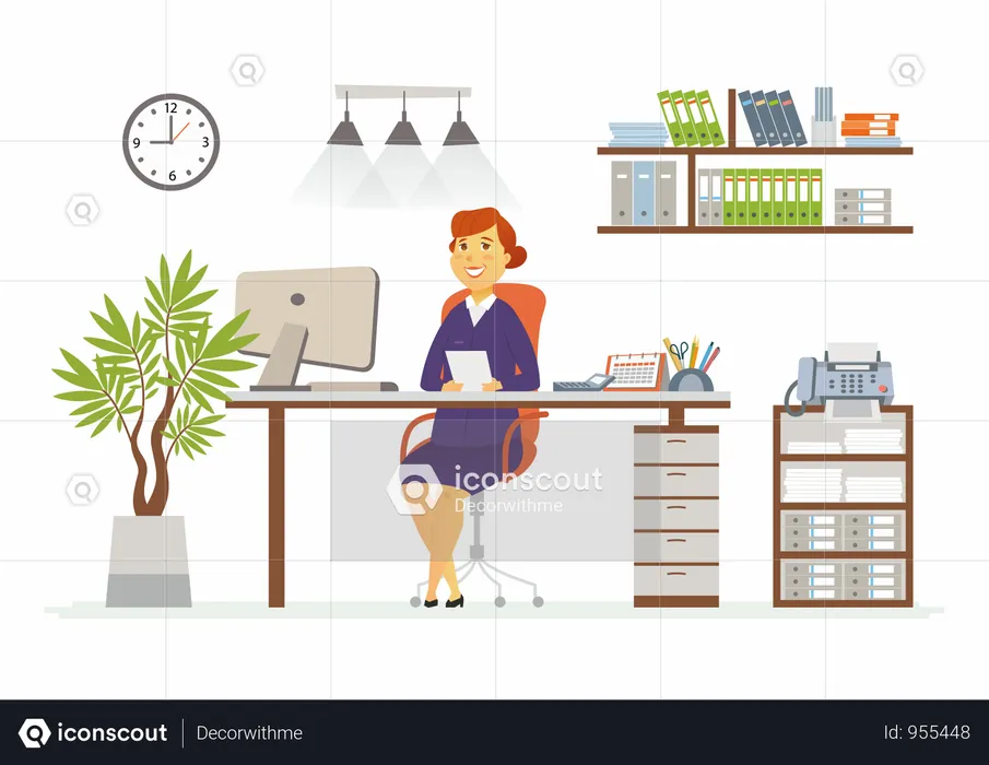 Business Woman Working In Office On Desk  Illustration
