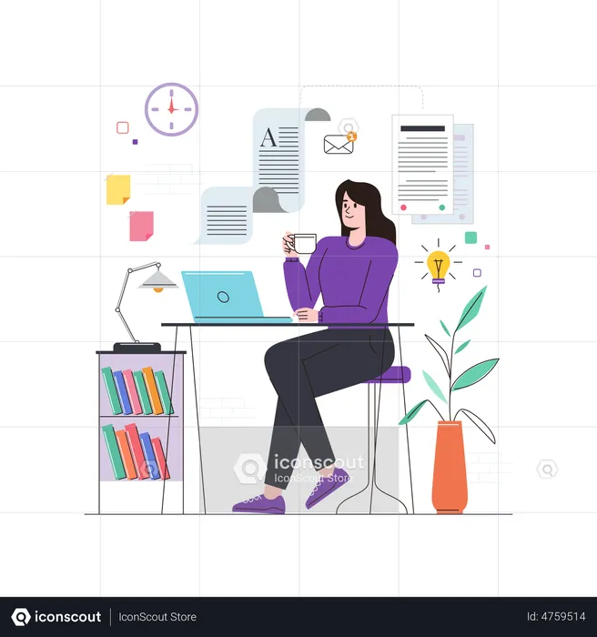 Business woman working on blog article  Illustration