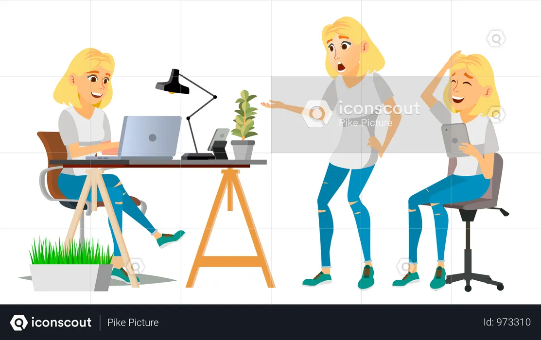 Business Woman Working On Desk In Office  Illustration