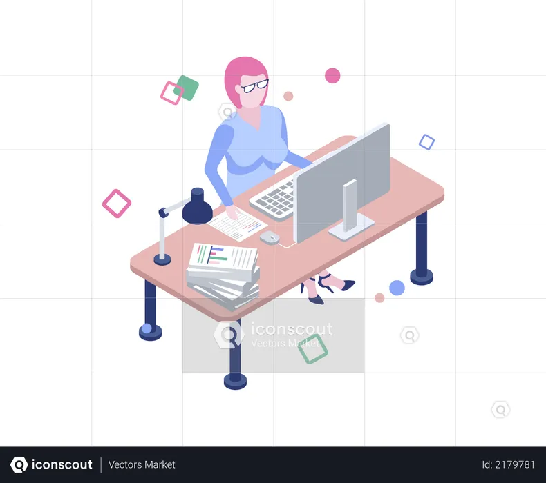 Business woman working on desk in the office  Illustration