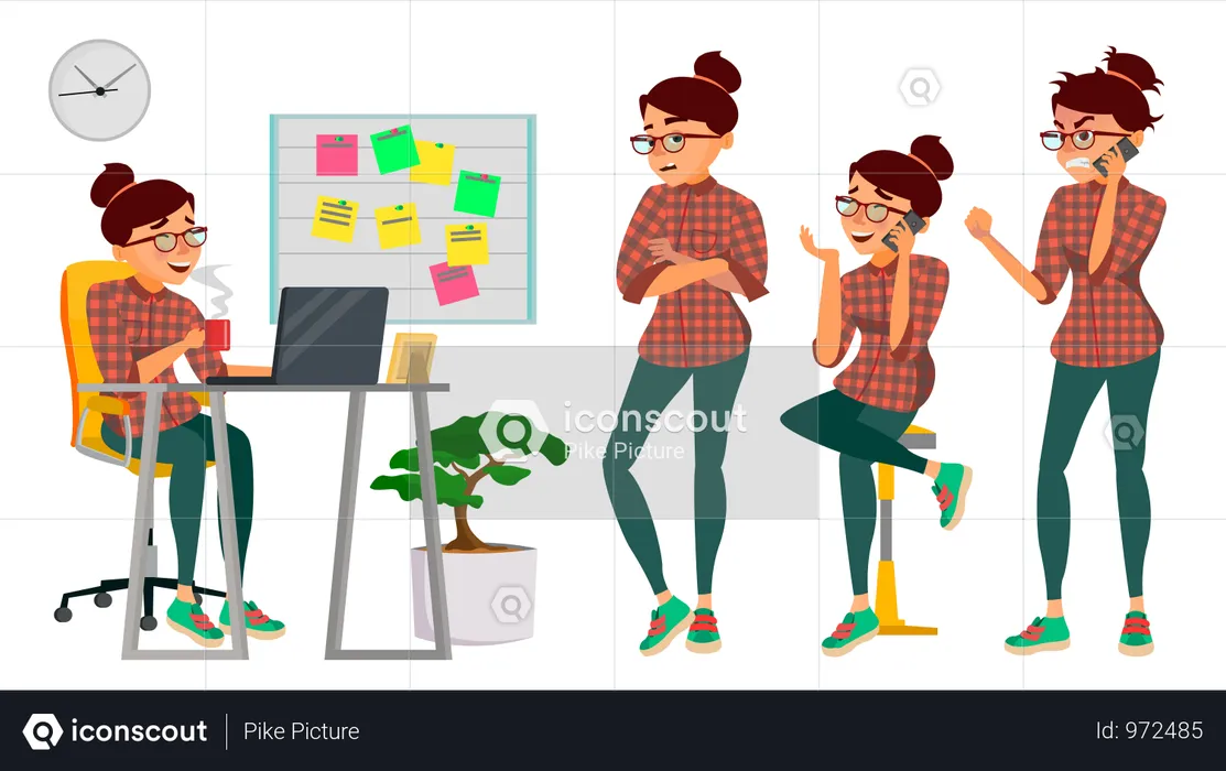 Business Woman Working On Her Desk In Office  Illustration