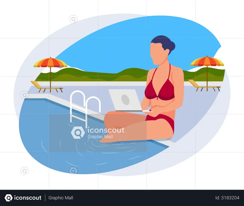 Business woman working on vacation  Illustration
