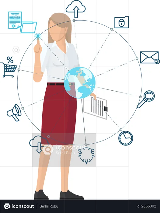 Business woman Working with Global Network  Illustration