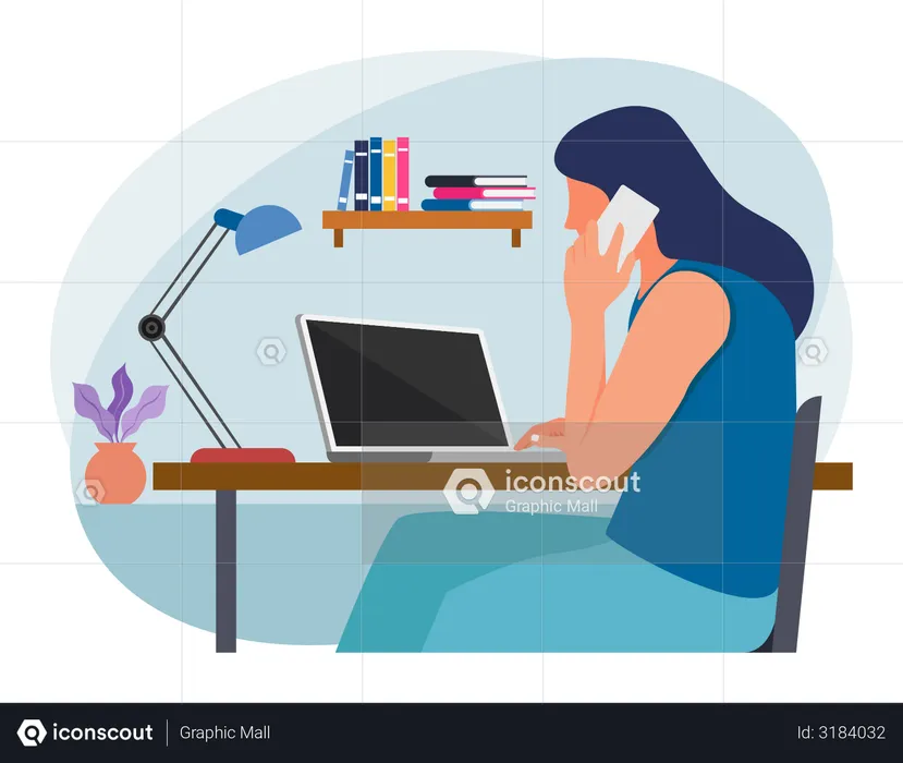Businesslady talking on mobile and working on laptop  Illustration