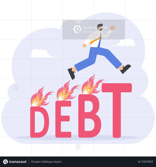 Businessman acting farewell jumping over word debt  Illustration