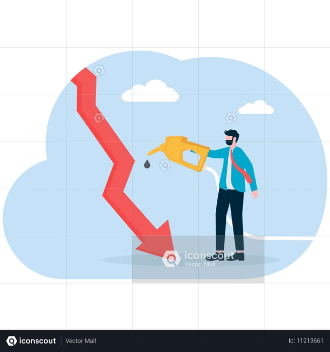 Businessman adding fuel agent to falling arrow with gas gun in hand  Illustration