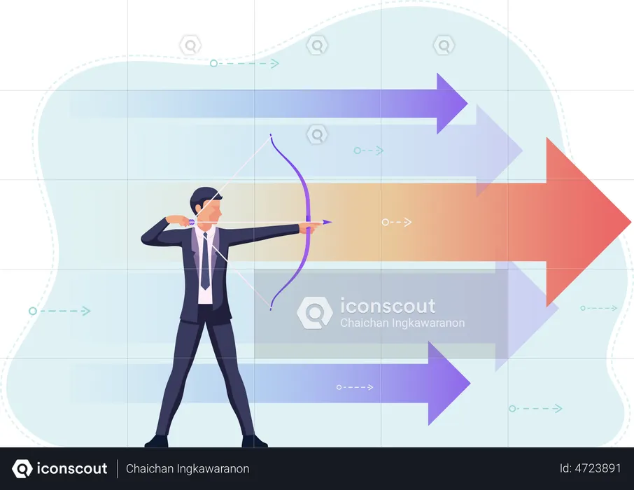 Businessman aiming the target with bow and arrow  Illustration