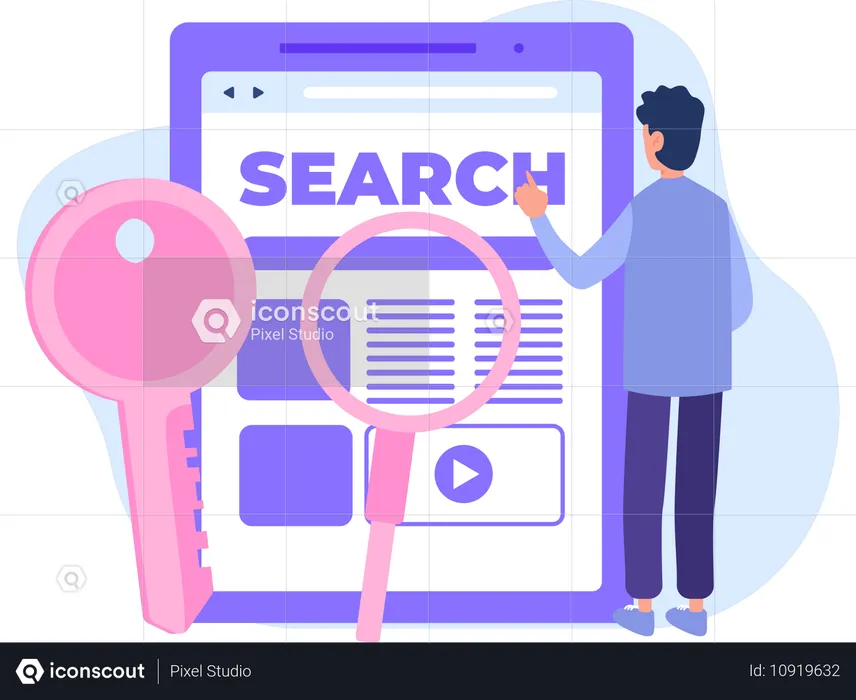 Businessman analysis on Keyword Research  Illustration