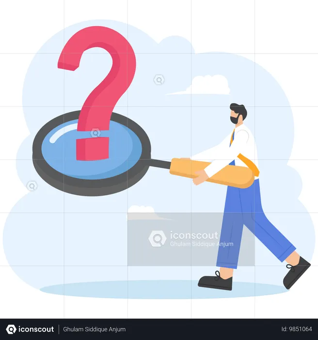 Businessman analyst using magnifying glass to analyze question mark sign  Illustration