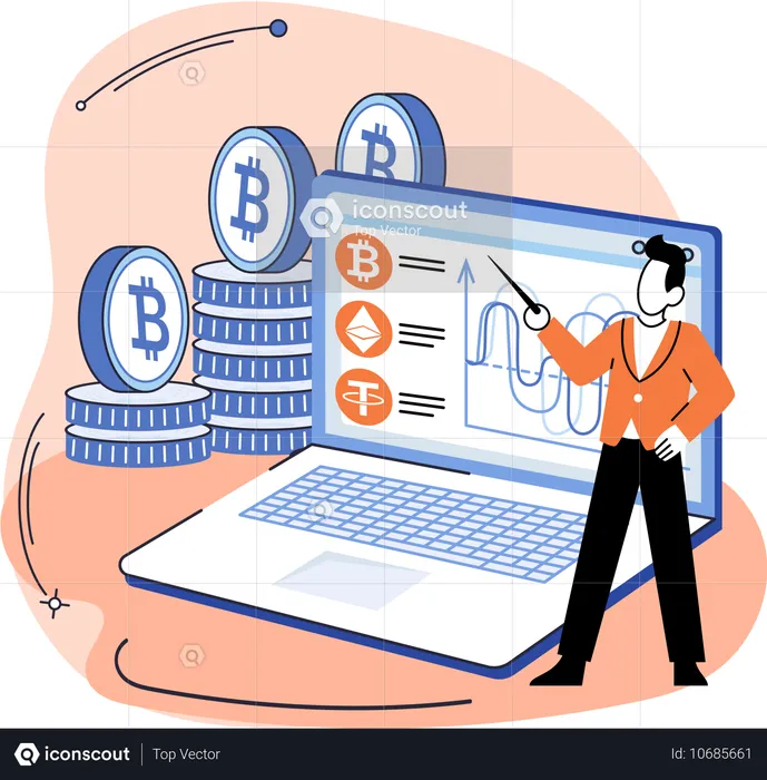 Businessman analyzes bitcoin mining graph  Illustration