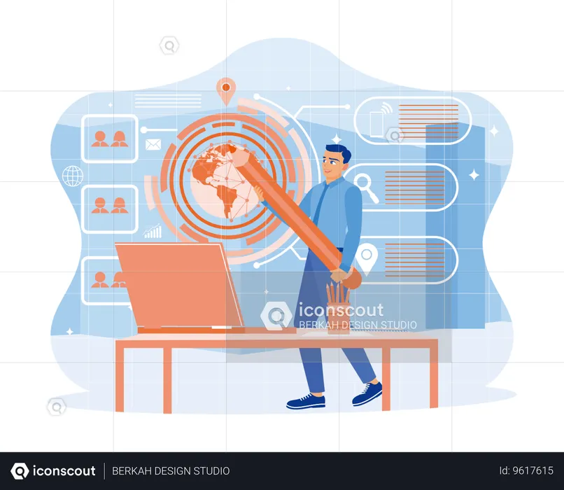 Businessman analyzing global network  Illustration