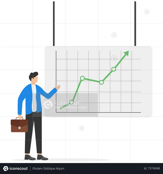 Businessman analyzing green upward arrow  Illustration