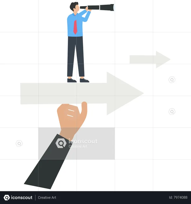 Businessman and a telescope standing on an arrow with a helping hand  Illustration