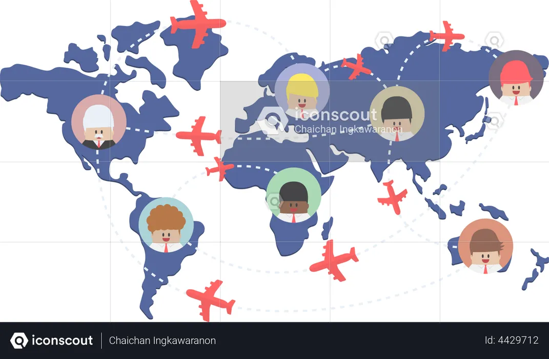 Businessman and airplane routes on world map  Illustration