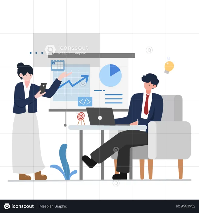 Businessman and businesswoman discussing data charts and graphs during a presentation  Illustration