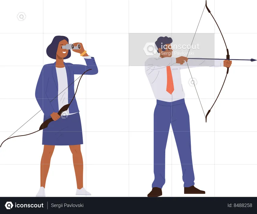 Businessman and businesswoman holding bow and arrow  Illustration