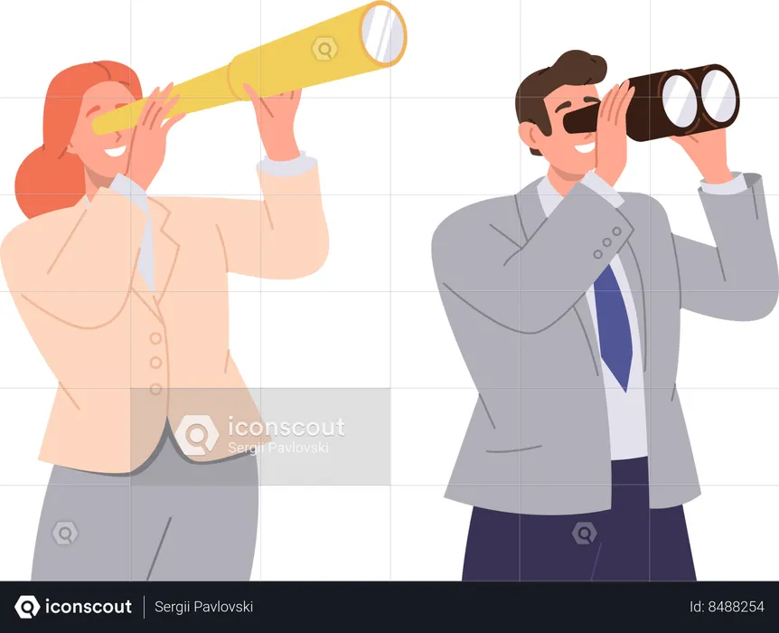 Businessman and businesswoman looking forward through binocular spyglass  Illustration