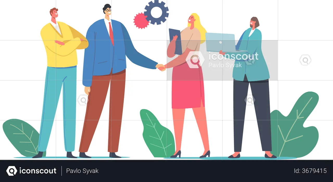 Businessman and Businesswoman Shaking Hands Selling Products and Services  Illustration