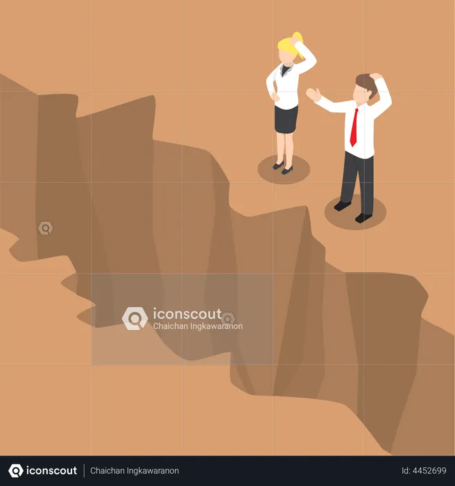 Businessman and businesswoman standing at edge of the cliff  Illustration