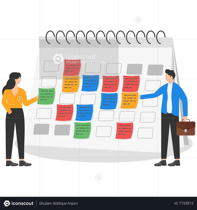 Businessman and businesswoman sticking post-it paper of business plan short notes on big calendar  Illustration