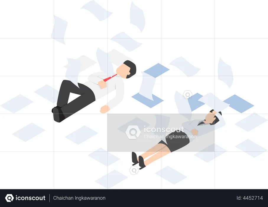 Businessman and businesswoman work hard and unconscious on the floor  Illustration