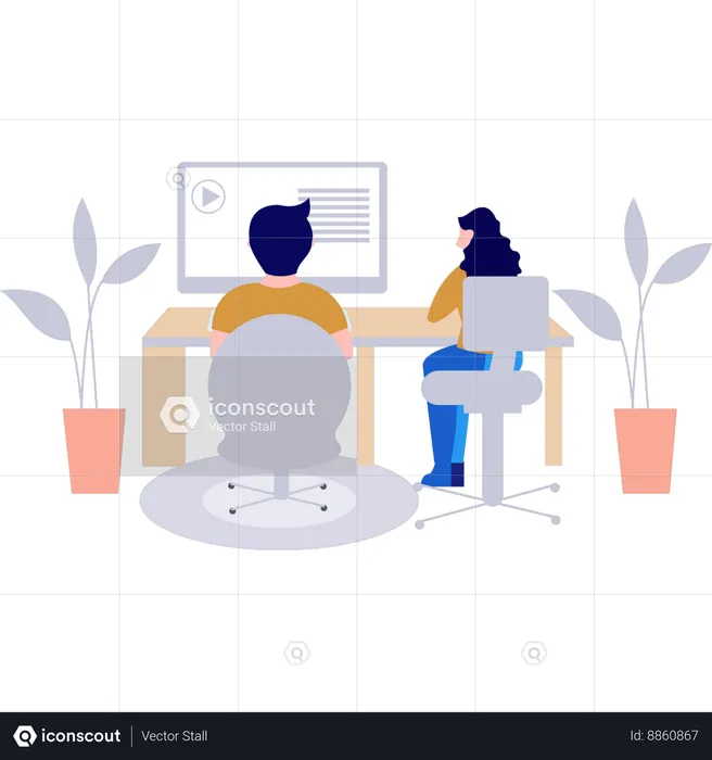 Businessman and businesswoman working on monitor  Illustration