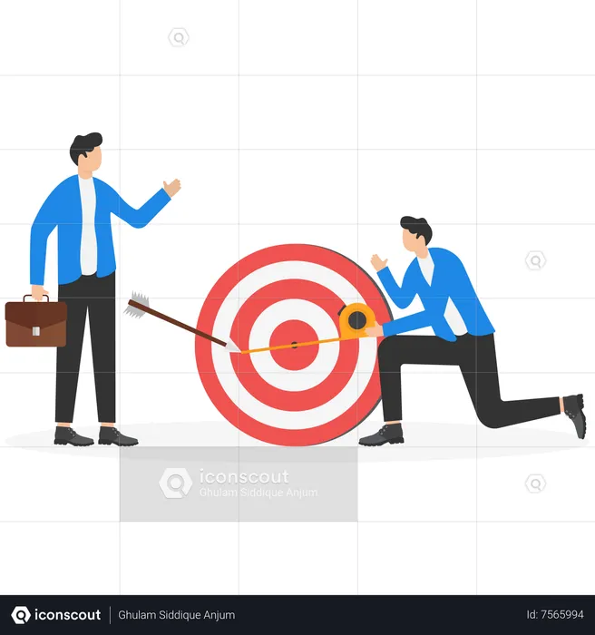 Businessman and colleague helping each other to measure distance between arrow and bullseye  Illustration