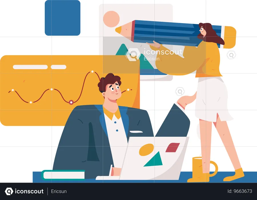 Businessman and girl working on business analysis  Illustration